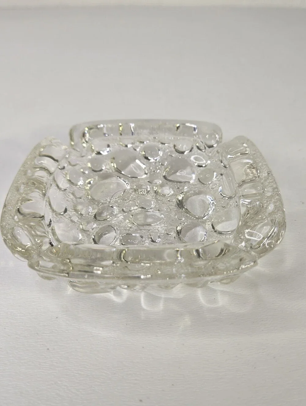 VTG Bubble Glass Ashtray Retro MCM 1960s Square Clear Glass Tray Raindrop